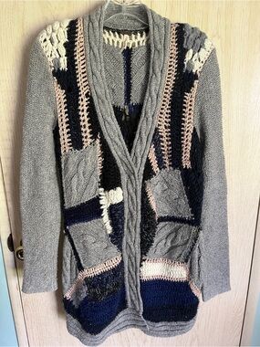 Free People Patchwork Cable Knit Cardigan Sweater Heather Gray Sz Small